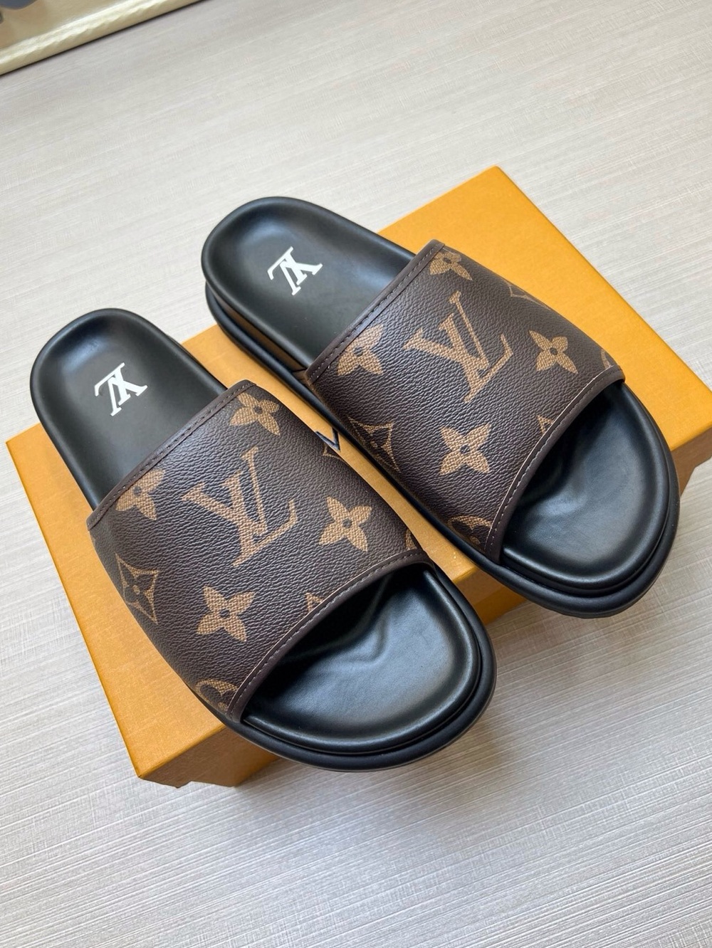 Louis Vuitton Brown Monogram Slide Sandals with Black Footbed